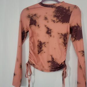 EarthBound Trading Co. Boho Hippie Tie Dye LS Ribbed Crop Top Ruched Tie Sides